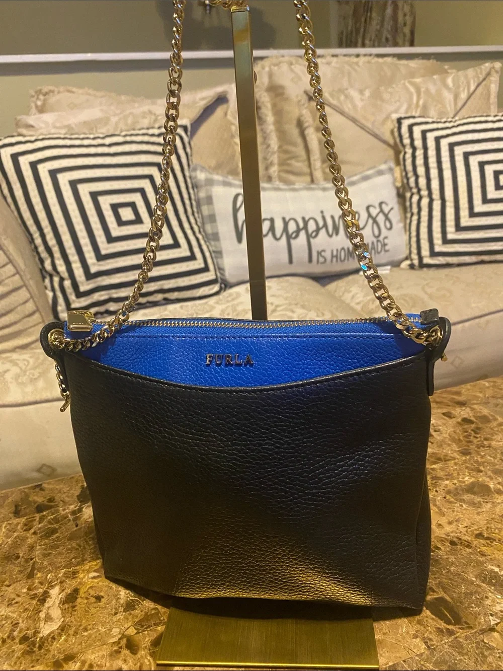 Furla Black Leather Crossbody with Blue Interior and Gold Chain